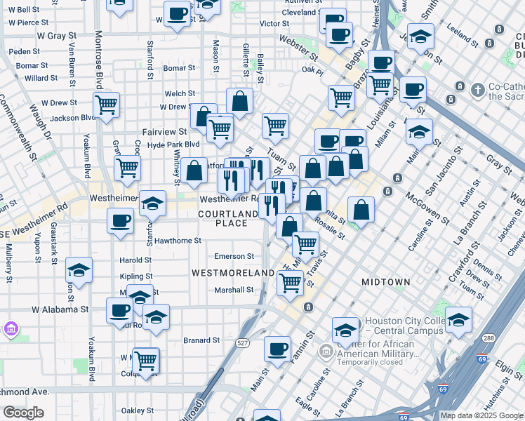 map of restaurants, bars, coffee shops, grocery stores, and more near 2 Courtlandt Place in Houston