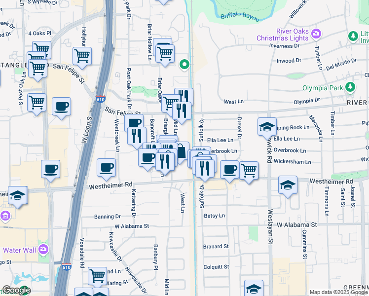 map of restaurants, bars, coffee shops, grocery stores, and more near 2307 Mid Lane in Houston