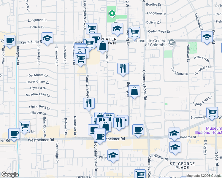 map of restaurants, bars, coffee shops, grocery stores, and more near 2211 Augusta Drive in Houston