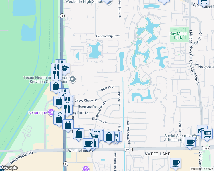 map of restaurants, bars, coffee shops, grocery stores, and more near 13915 Briar Place Drive in Houston