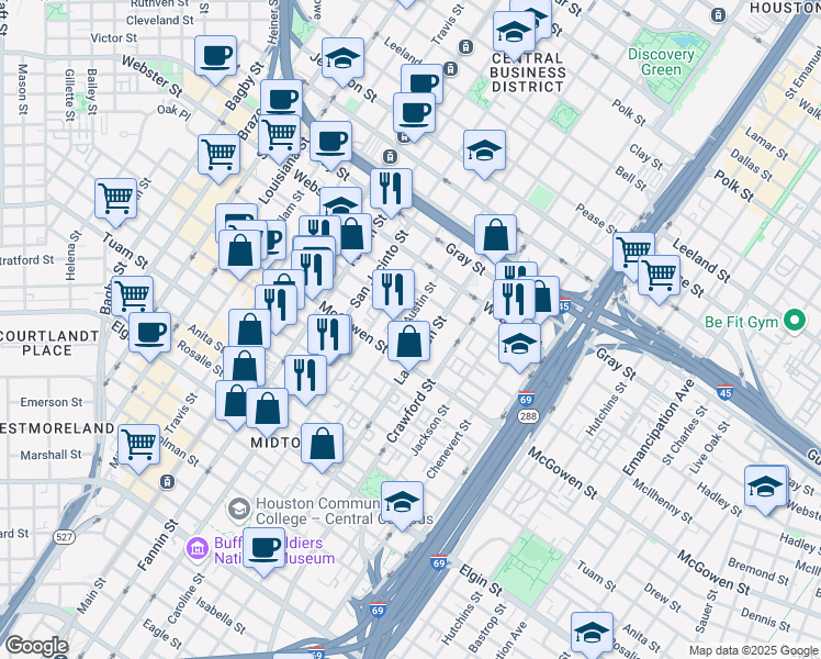 map of restaurants, bars, coffee shops, grocery stores, and more near 2501 Austin Street in Houston