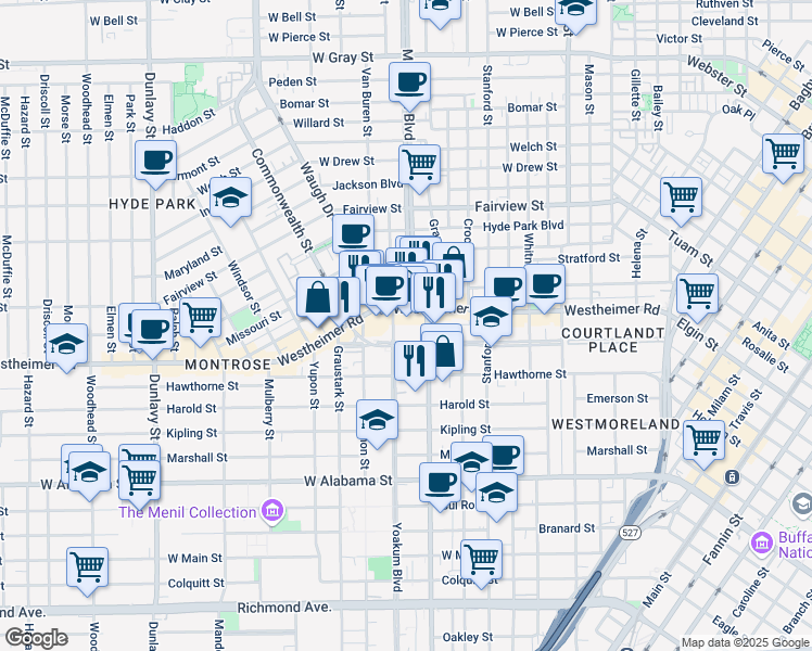 map of restaurants, bars, coffee shops, grocery stores, and more near 1001 Westheimer Road in Houston