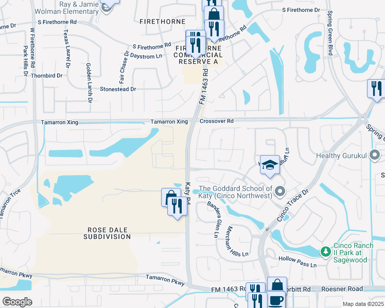 map of restaurants, bars, coffee shops, grocery stores, and more near 2822 Ember Pass Lane in Katy