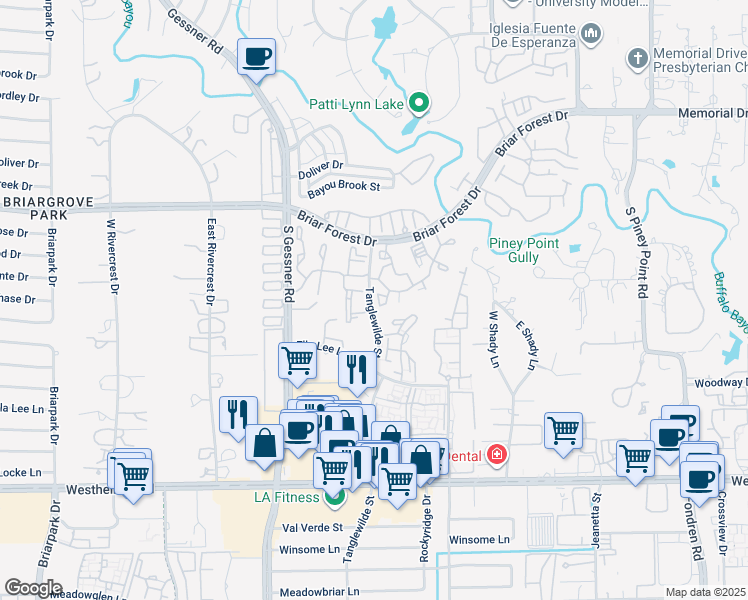 map of restaurants, bars, coffee shops, grocery stores, and more near 801 Tanglewilde Street in Houston