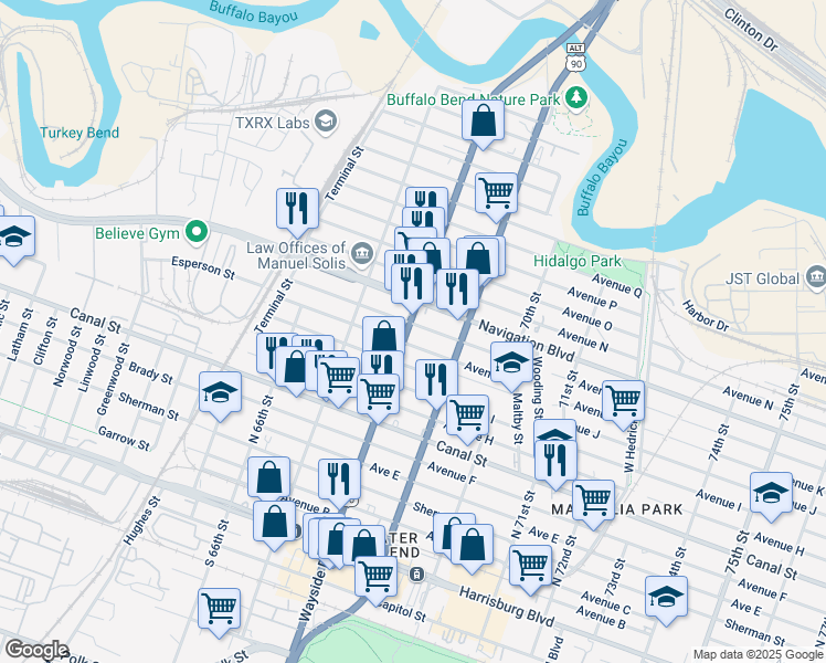 map of restaurants, bars, coffee shops, grocery stores, and more near 6819 Avenue K in Houston