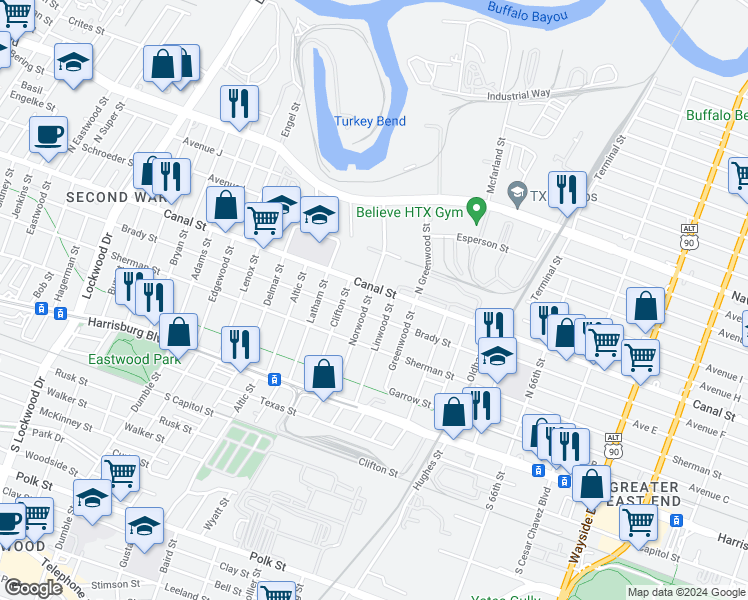 map of restaurants, bars, coffee shops, grocery stores, and more near 5807 Brady Street in Houston