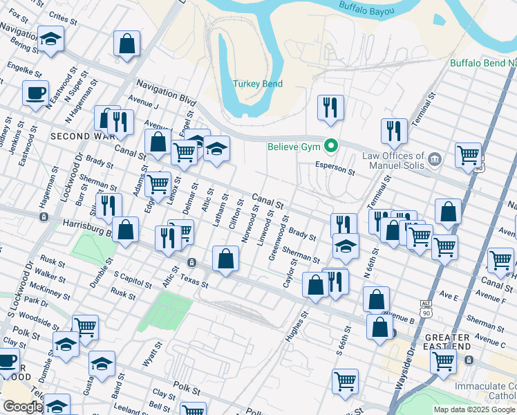 map of restaurants, bars, coffee shops, grocery stores, and more near 5807 Brady Street in Houston