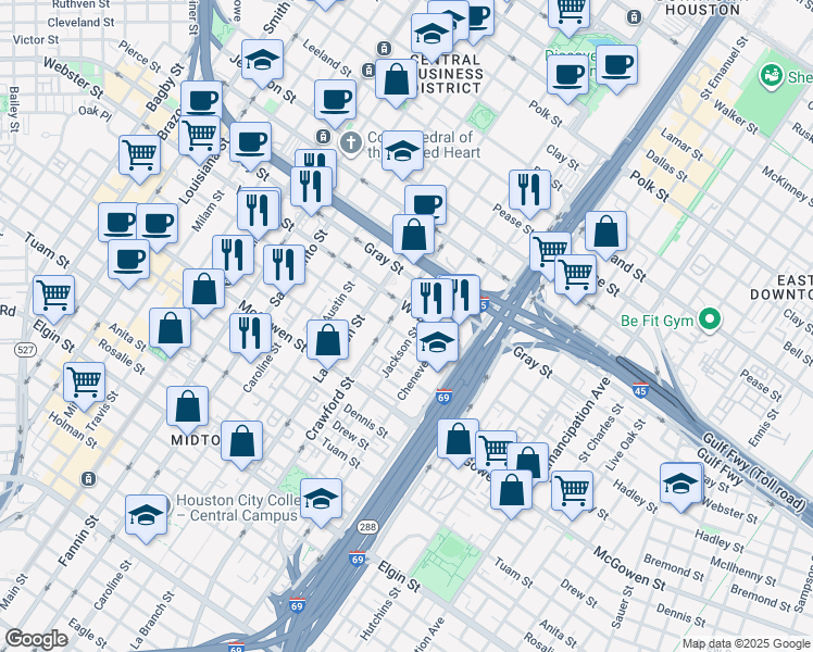 map of restaurants, bars, coffee shops, grocery stores, and more near 2310 Jackson Street in Houston