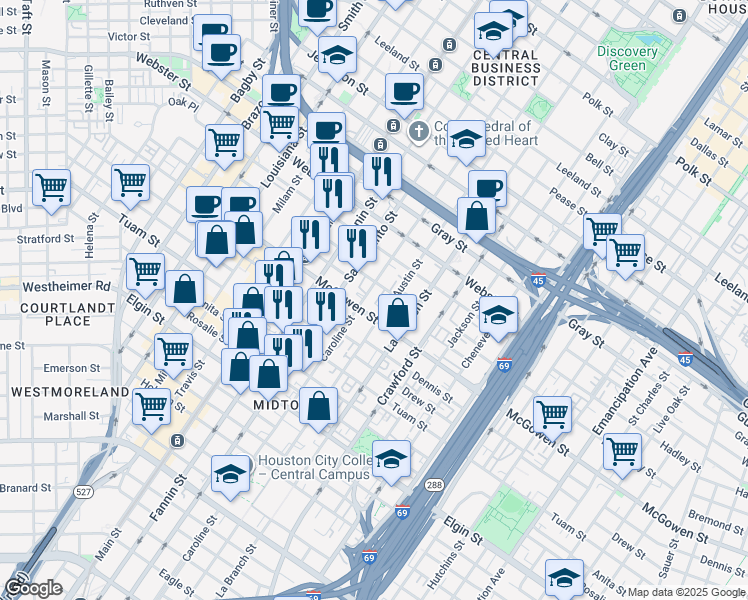 map of restaurants, bars, coffee shops, grocery stores, and more near 1302 McGowen Street in Houston