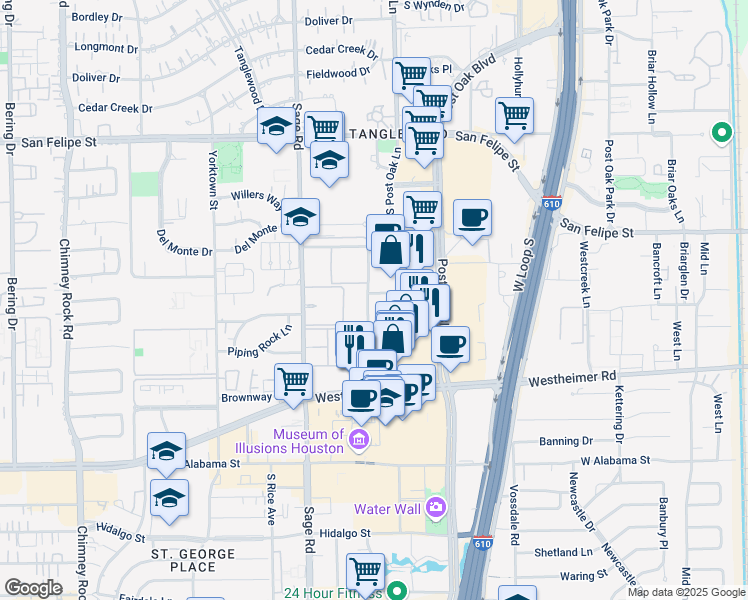 map of restaurants, bars, coffee shops, grocery stores, and more near 2320 McCue Road in Houston