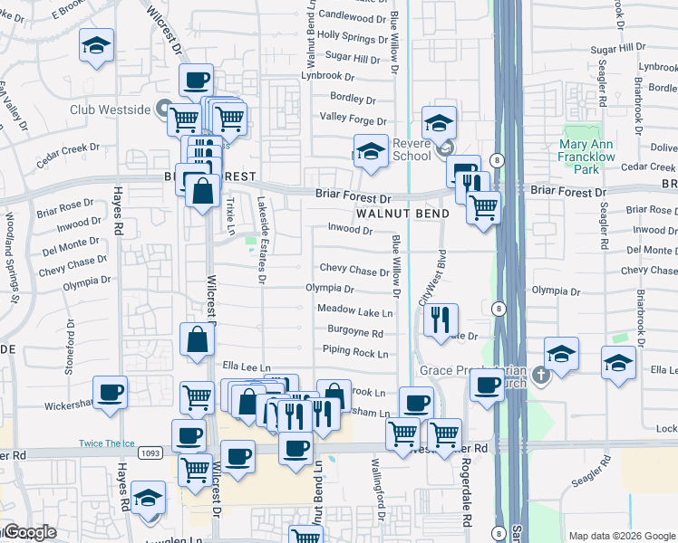 map of restaurants, bars, coffee shops, grocery stores, and more near 10722 Olympia Drive in Houston