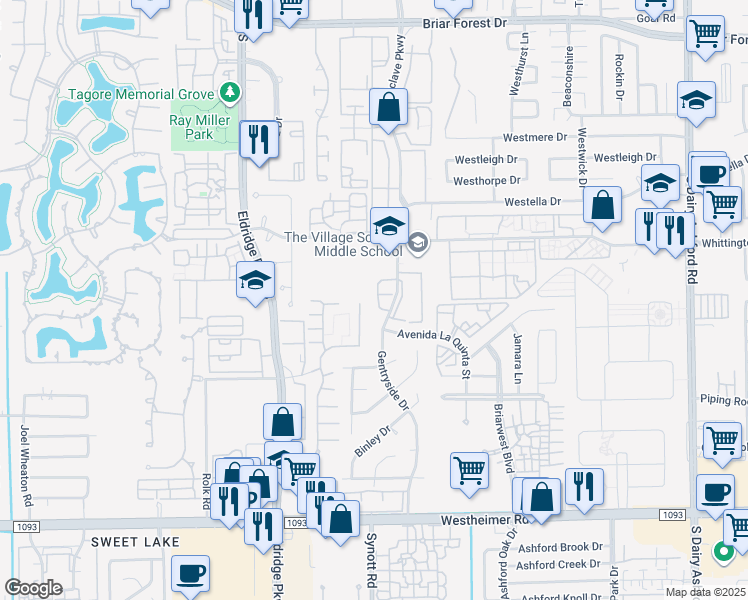 map of restaurants, bars, coffee shops, grocery stores, and more near 2002 Gentryside Drive in Houston