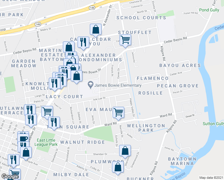 map of restaurants, bars, coffee shops, grocery stores, and more near 2099 Mockingbird Street in Baytown