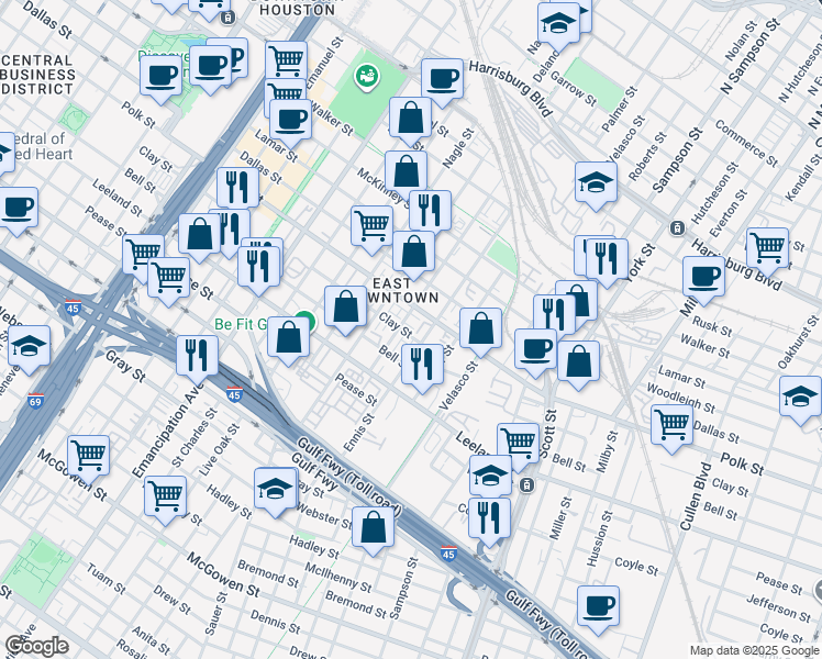 map of restaurants, bars, coffee shops, grocery stores, and more near 2913 Clay Street in Houston