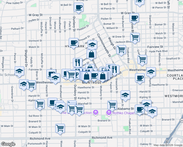 map of restaurants, bars, coffee shops, grocery stores, and more near 1721 Missouri Street in Houston