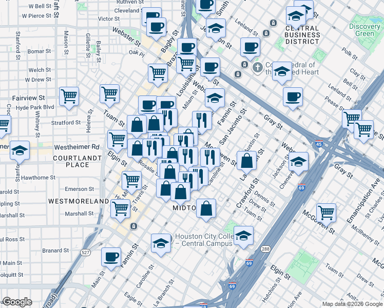 map of restaurants, bars, coffee shops, grocery stores, and more near 1100 Fannin Street in Houston
