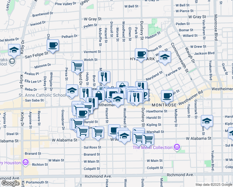map of restaurants, bars, coffee shops, grocery stores, and more near 2505 Driscoll Street in Houston
