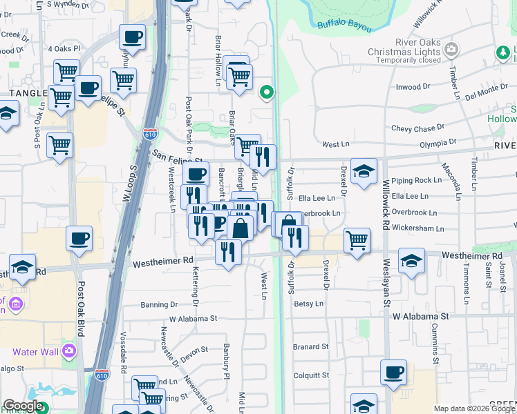 map of restaurants, bars, coffee shops, grocery stores, and more near 2303 Mid Lane in Houston