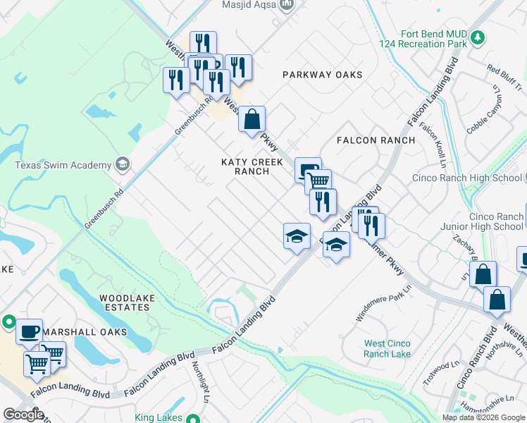 map of restaurants, bars, coffee shops, grocery stores, and more near 25018 Florina Ranch Drive in Katy