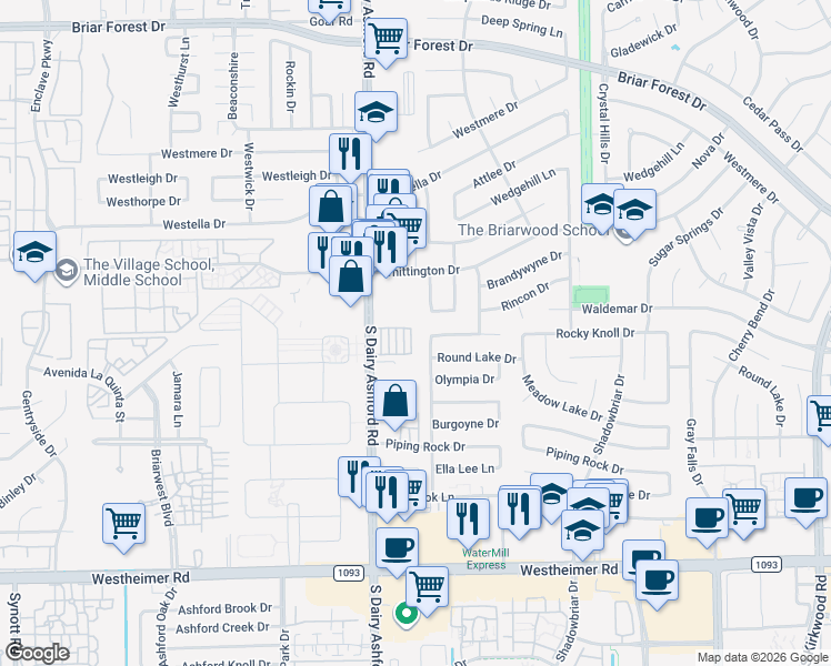 map of restaurants, bars, coffee shops, grocery stores, and more near 2018 Ashford Hollow Lane in Houston