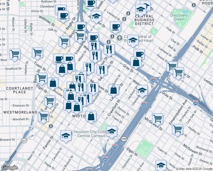 map of restaurants, bars, coffee shops, grocery stores, and more near 2515 Caroline Street in Houston