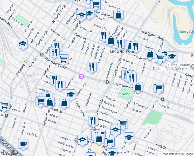 map of restaurants, bars, coffee shops, grocery stores, and more near 4466-4530 Harrisburg Blvd in Houston