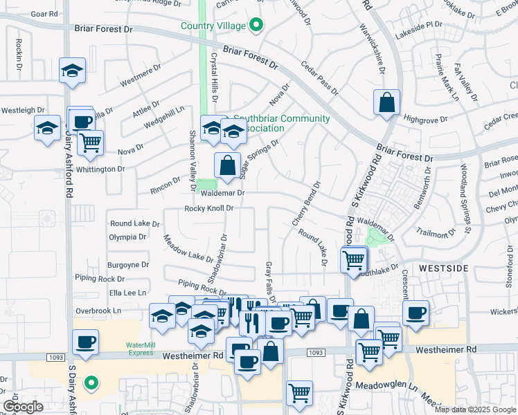 map of restaurants, bars, coffee shops, grocery stores, and more near 2019 Gray Falls Drive in Houston