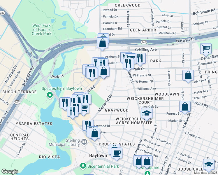 map of restaurants, bars, coffee shops, grocery stores, and more near 1301 Memorial Drive in Baytown