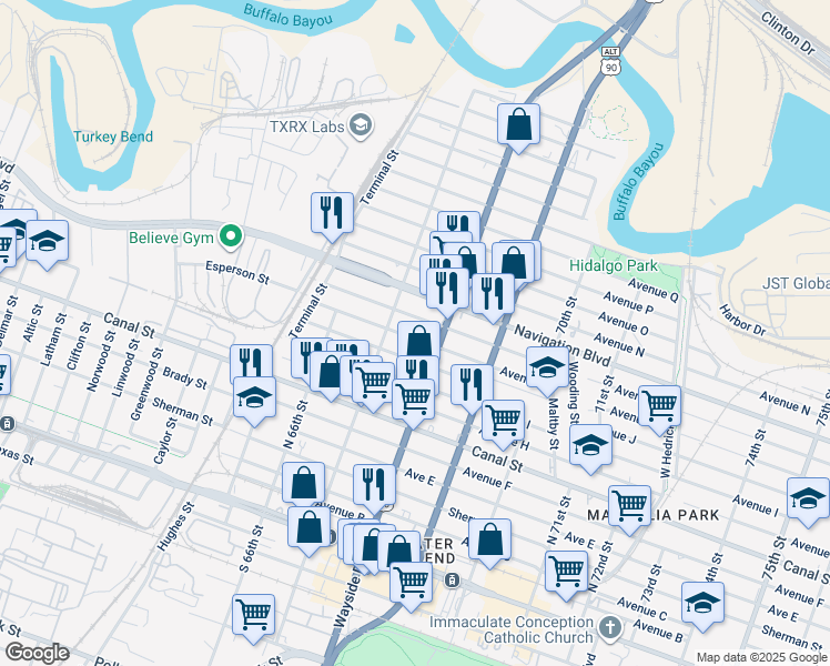 map of restaurants, bars, coffee shops, grocery stores, and more near 1001 Wayside Drive in Houston