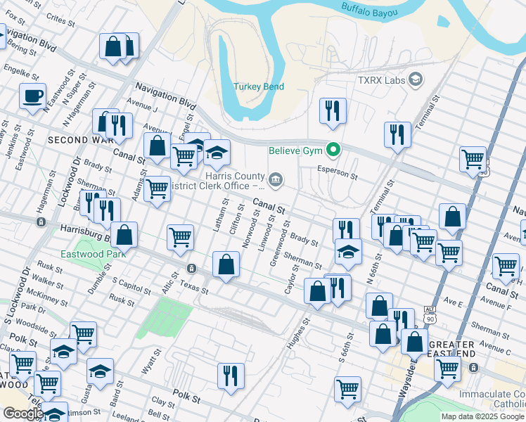 map of restaurants, bars, coffee shops, grocery stores, and more near 5807 Brady Street in Houston
