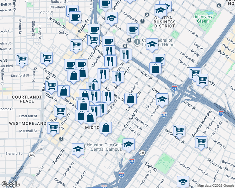 map of restaurants, bars, coffee shops, grocery stores, and more near 1302 McGowen Street in Houston