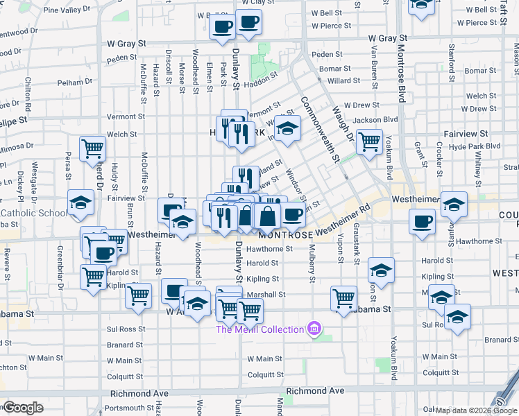 map of restaurants, bars, coffee shops, grocery stores, and more near 2506 Ralph Street in Houston