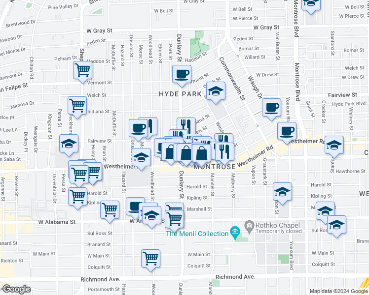 map of restaurants, bars, coffee shops, grocery stores, and more near 2506 Ralph Street in Houston
