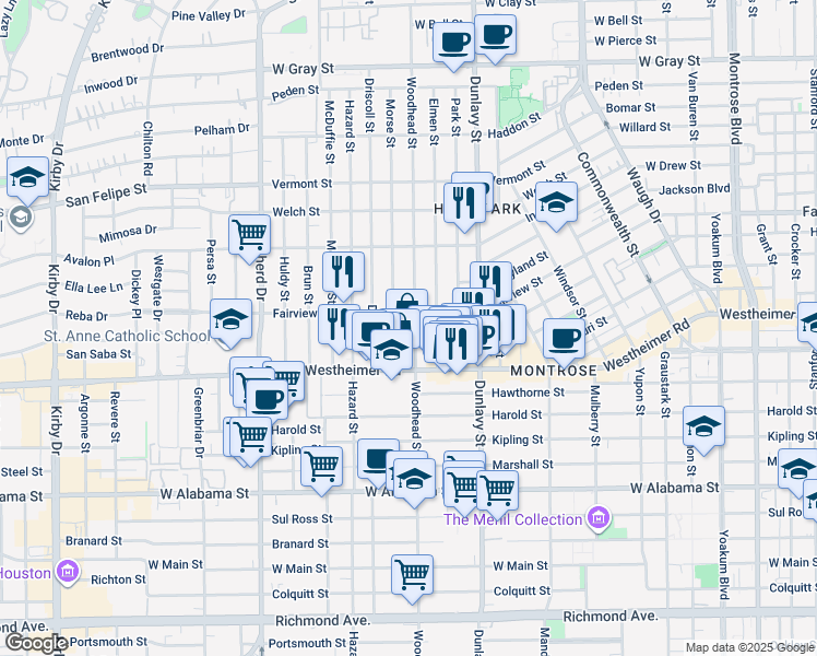 map of restaurants, bars, coffee shops, grocery stores, and more near 2507 Woodhead Street in Houston