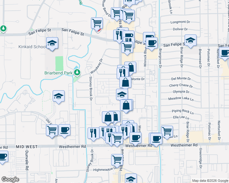 map of restaurants, bars, coffee shops, grocery stores, and more near 7510 Burgoyne Drive in Houston