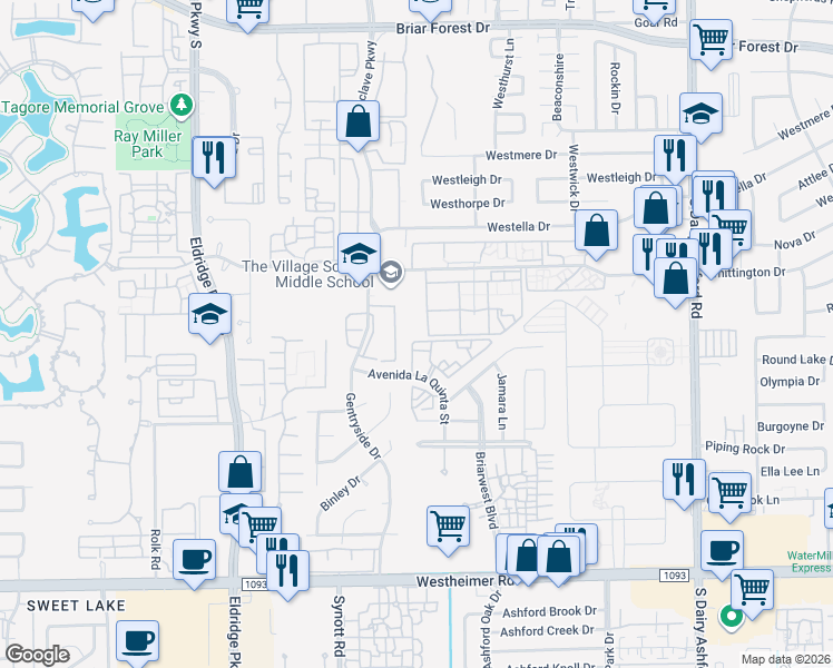 map of restaurants, bars, coffee shops, grocery stores, and more near 2215 Avenida La Quinta Street in Houston