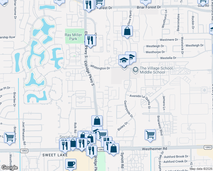 map of restaurants, bars, coffee shops, grocery stores, and more near 13205 Leighton Gardens Drive in Houston