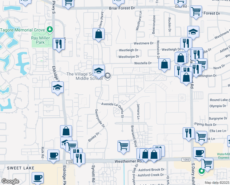 map of restaurants, bars, coffee shops, grocery stores, and more near 1910 Westmead Drive in Houston
