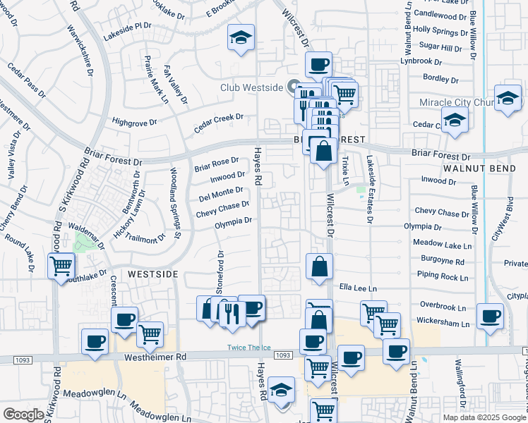 map of restaurants, bars, coffee shops, grocery stores, and more near 2101 Hayes Road in Houston