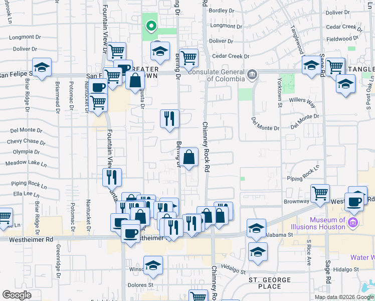 map of restaurants, bars, coffee shops, grocery stores, and more near 2122 Bering Drive in Houston