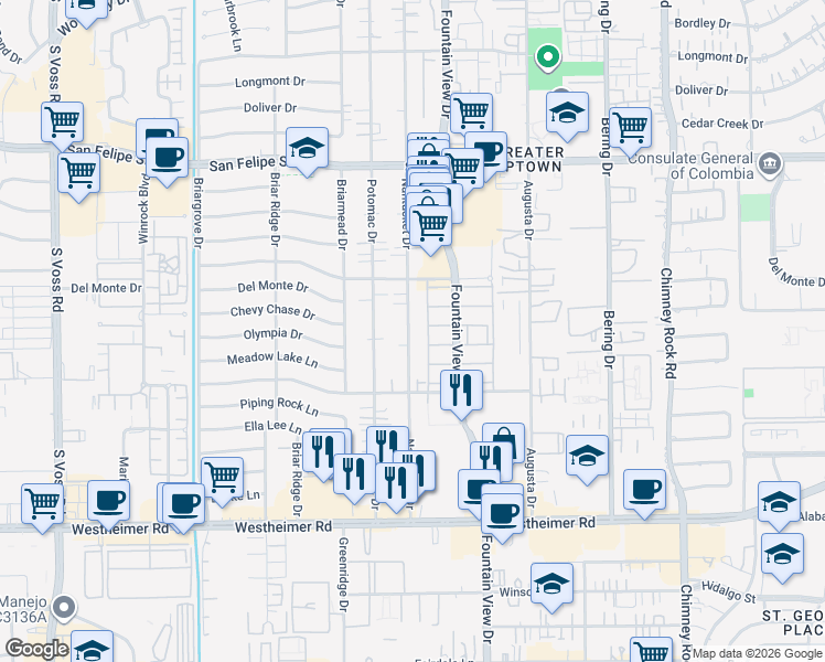 map of restaurants, bars, coffee shops, grocery stores, and more near 2219 Nantucket Drive in Houston