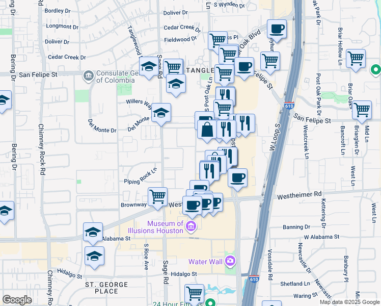 map of restaurants, bars, coffee shops, grocery stores, and more near 2300 McCue Road in Houston