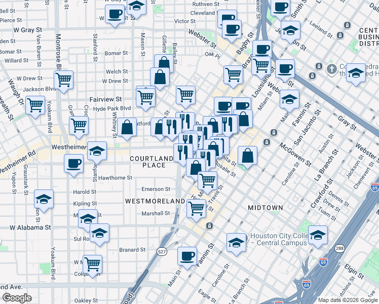 map of restaurants, bars, coffee shops, grocery stores, and more near 3120 Smith Street in Houston