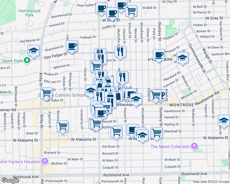 map of restaurants, bars, coffee shops, grocery stores, and more near 2314 Brun Street in Houston