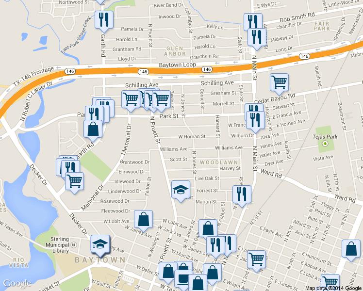 map of restaurants, bars, coffee shops, grocery stores, and more near 402 West Homan Avenue in Baytown