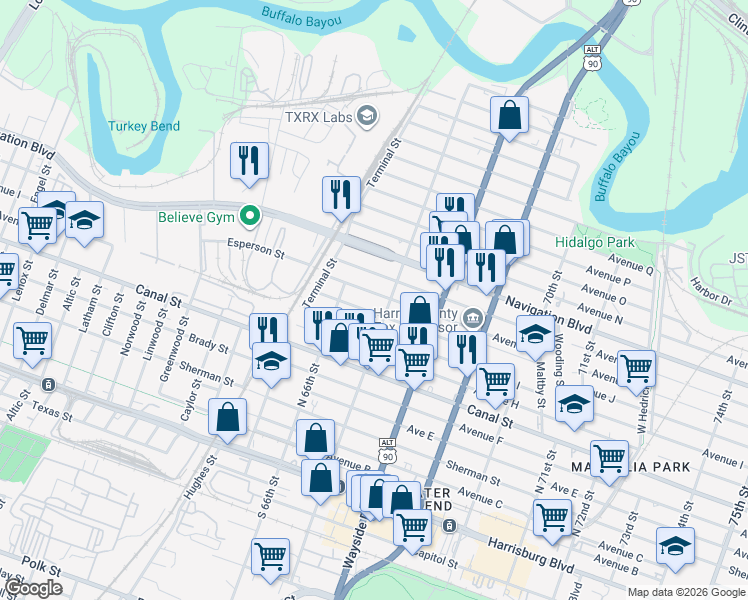 map of restaurants, bars, coffee shops, grocery stores, and more near 1115 North 67th Street in Houston