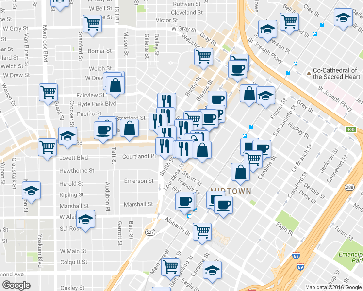 map of restaurants, bars, coffee shops, grocery stores, and more near 3007 Brazos Street in Houston