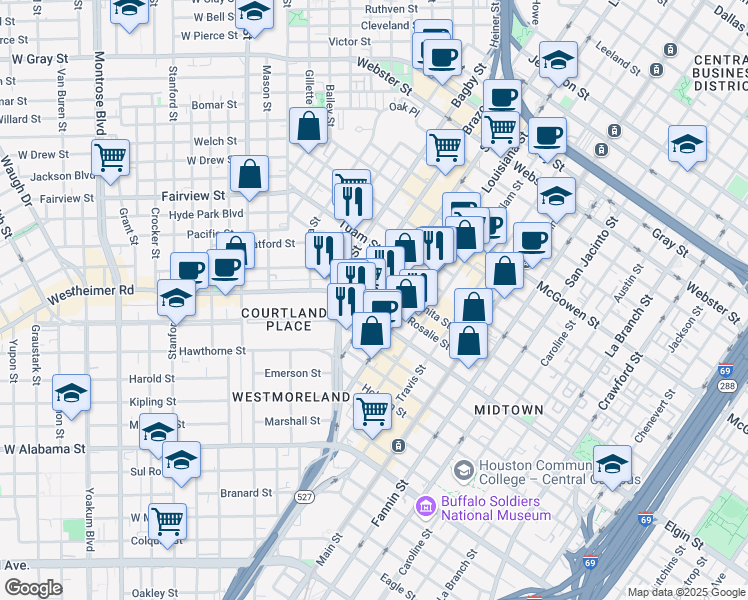 map of restaurants, bars, coffee shops, grocery stores, and more near 3007 Brazos Street in Houston