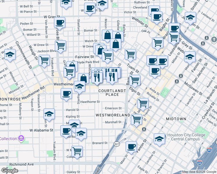 map of restaurants, bars, coffee shops, grocery stores, and more near 302 Avondale Street in Houston