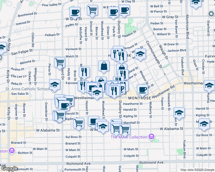 map of restaurants, bars, coffee shops, grocery stores, and more near 2315 Woodhead Street in Houston